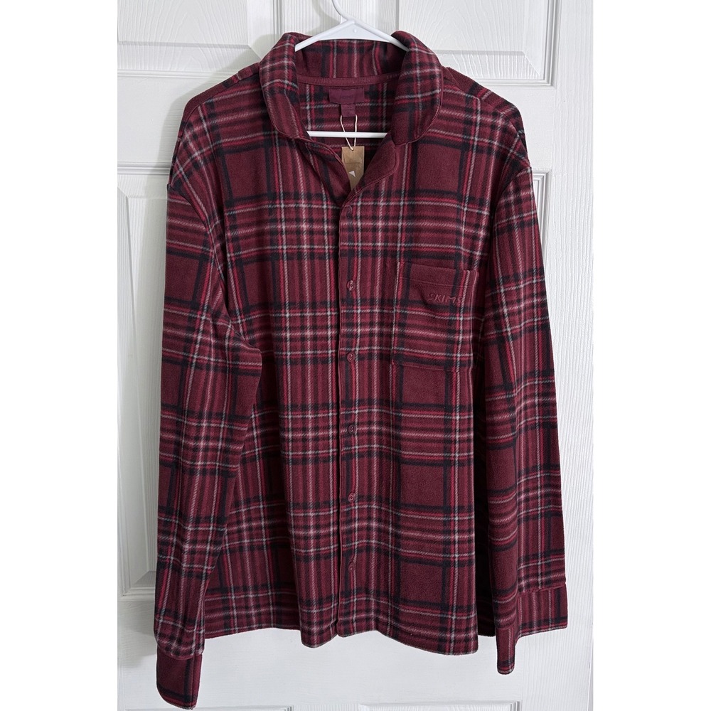 SKIMS Unisex Fleece Sleep Set Top Size M Merlot Red Plaid Button Down Pajama